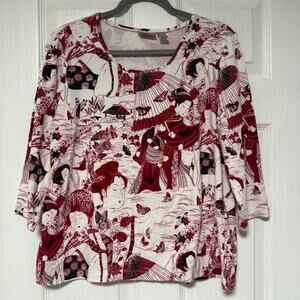 Chico's Women's Japanese Print Cotton Blend Top Size 2